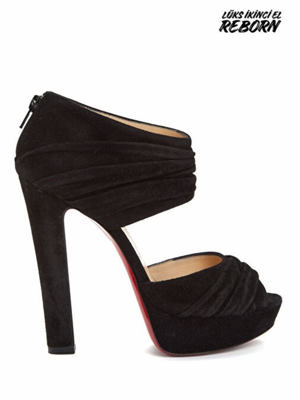 Christian Louboutin Applique Black Suede Ruched Platform Heels 37